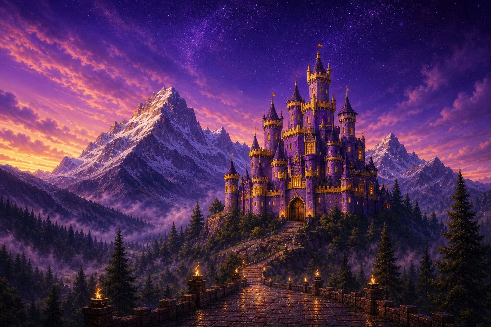 A glowing purple castle on a forested hill beneath snow-capped Colorado mountains at dusk